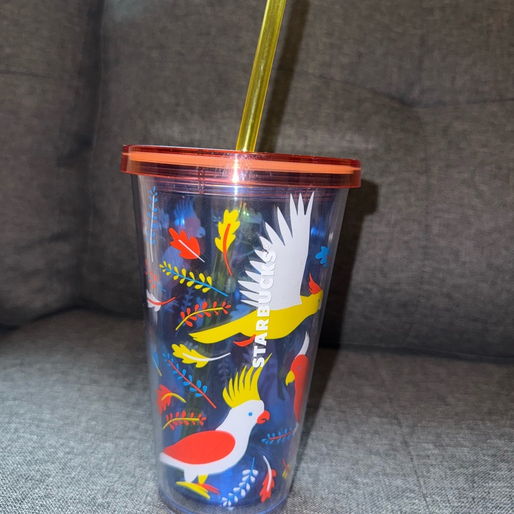 Starbucks Tumbler with Colorful Bird Design and Yellow Straw